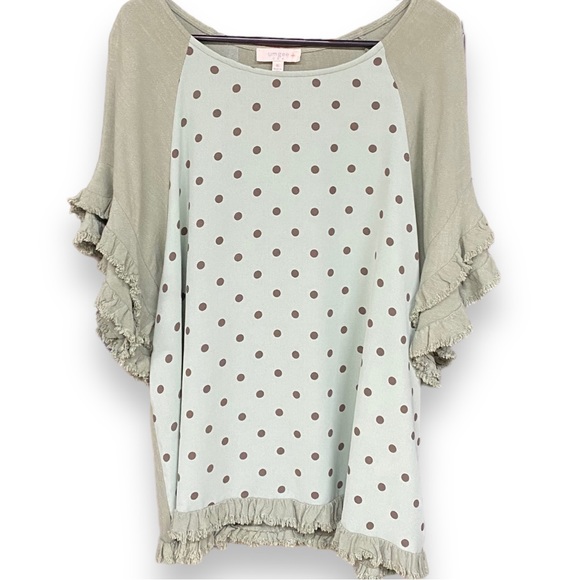 Umgee Tops - Umgee Double Polka Dot Ruffle Sleeve Linen Blend Tunic Top With Frayed Hem XL